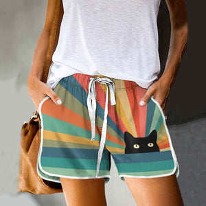 Rainbow Cat Print Drawstring Pocket Shorts