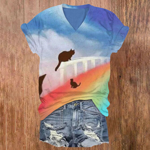 Cat On Rainbow Bridge Print V-neck T-shirt