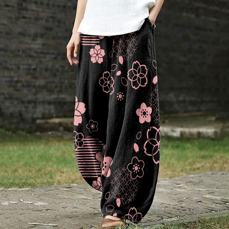 Retro Japanese Simple Line Cherry Blossom Pattern Casual Pants