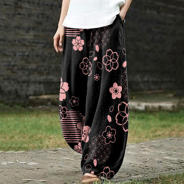 Retro Japanese Simple Line Cherry Blossom Pattern Casual Pants