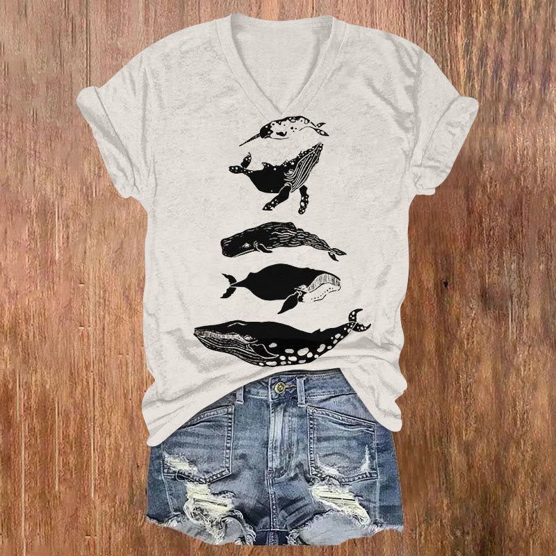 Species Of Whales Japanese Lino Art Vintage Print V-neck T-shirt