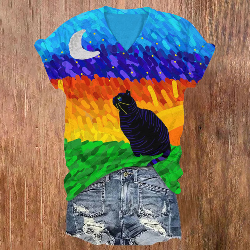 Oil Painting Rainbow Cat Print V-neck T-shirt