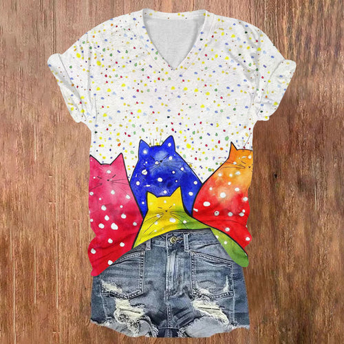 Polka Dot Rainbow Cats Print V-neck T-shirt