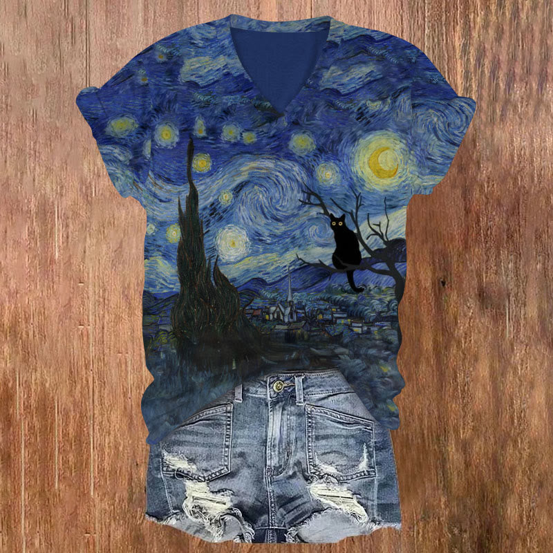 Funny Van Gogh The Starry Night Black Cat Oil Paintings Print V-neck T-shirt