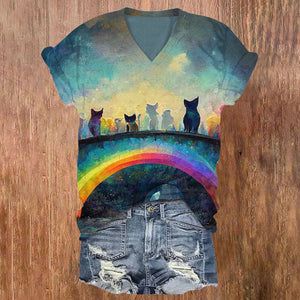 Cats On The Rainbow Bridge Print V-neck T-shirt