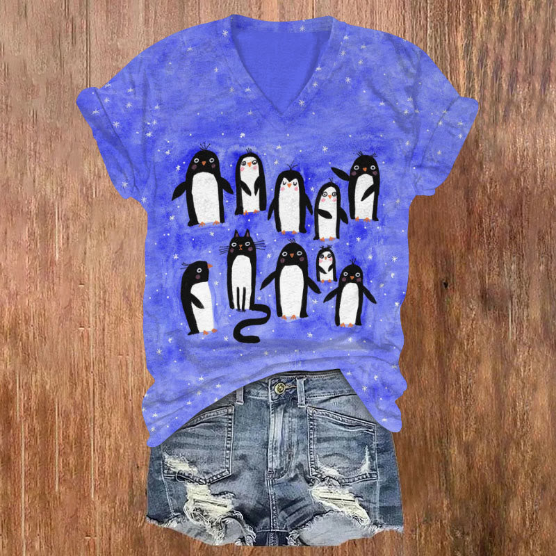 Adorable Pretend Penguin Cat Print V-neck T-shirt