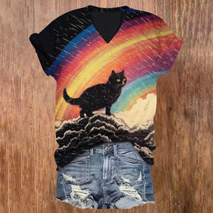 (Limited offer) Cat Watching Rainbow On The Cloud Print V-neck T-shirt