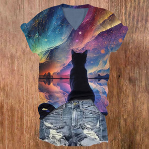 Cat Watching Rainbow And Northern Lights On Iceberg Print V-neck T-shirt