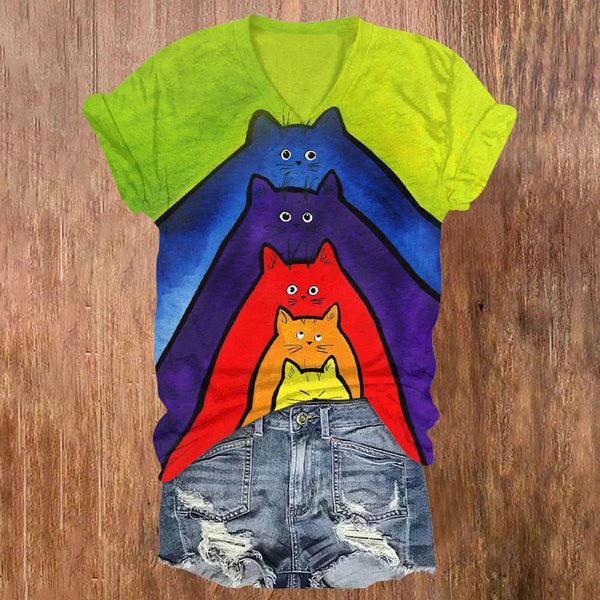 Cascading Rainbow Cat Print V-neck T-shirt