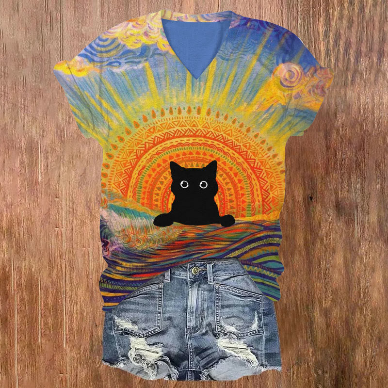 Black Cat Lying On Rainbow Sun Print V-neck T-shirt