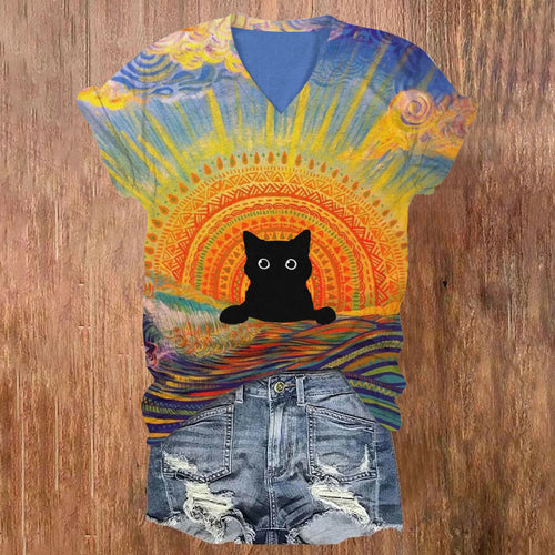 Black Cat Lying On Rainbow Sun Print V-neck T-shirt