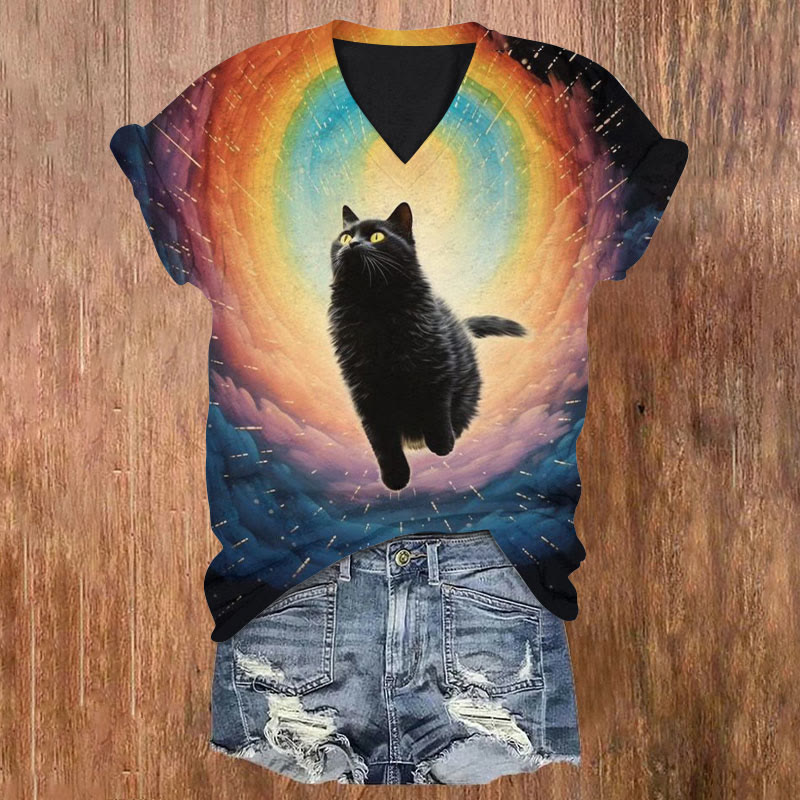 Cat Jumping Out Of The Rainbow Halo Print V-neck T-shirt