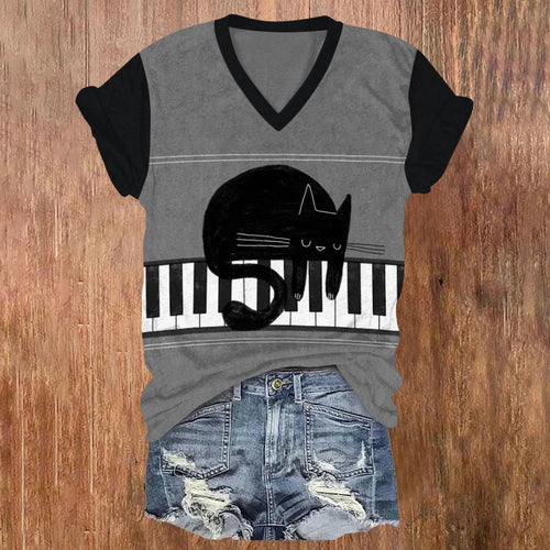 Cute piano cat color block print V-Neck T-Shirt