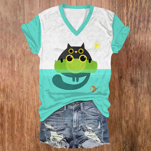 Cute Swimming Cat Color Block Print V-neck T-shirt