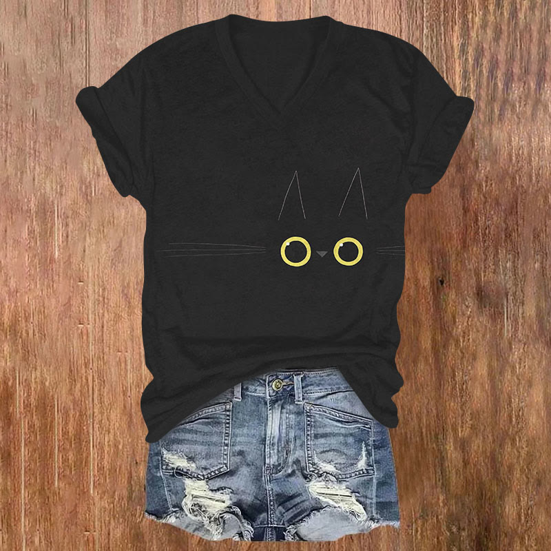 Cute Funny Cat Face Print V-neck T-shirt