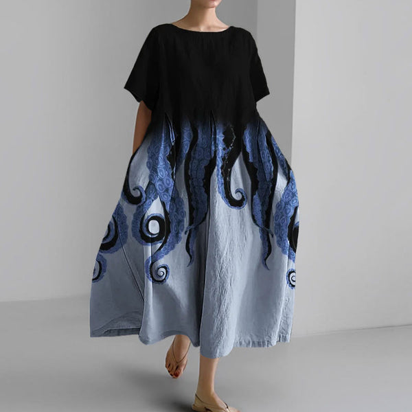 Devil Octopus Tentacles Contrast Print Causal Midi Dress