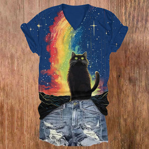 Black Cat Under Rainbow And Stars Print V-neck T-shirt