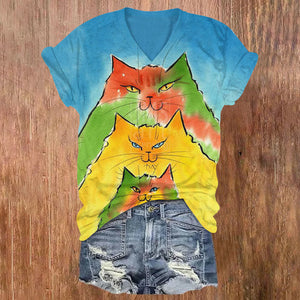 Contrasting Ombre Watercolor Cats Print V-neck T-shirt