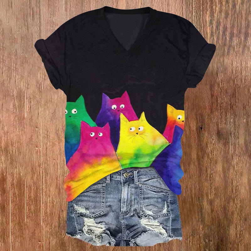 Rainbow Watercolor Cats Print V-neck T-shirt