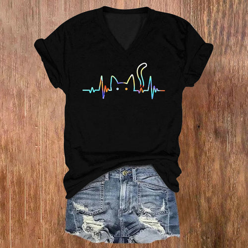 Rainbow ECG Cat Print V-neck T-shirt