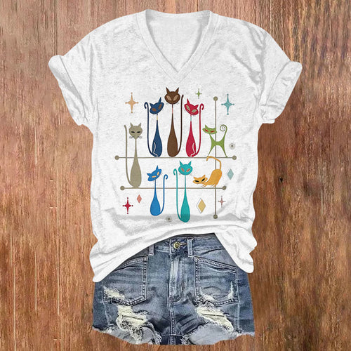 Retro Modern Cat Print V-neck T-shirt