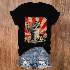 Dj Cat Print V-neck T-shirt