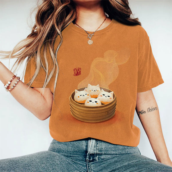 Cute Cat Bun Print Crew Neck T-shirt