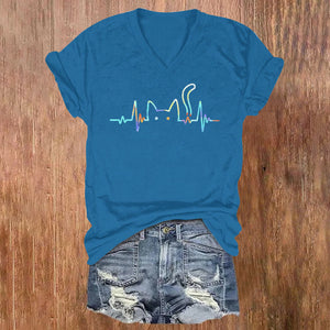 Rainbow ECG Cat Print V-neck T-shirt