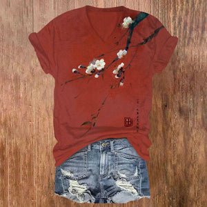 Vintage Plum Blossom Art Print V-neck T-shirt