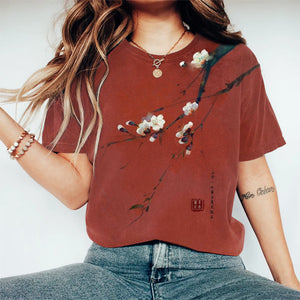 Vintage Plum Blossom Art Print Crew Neck T-shirt