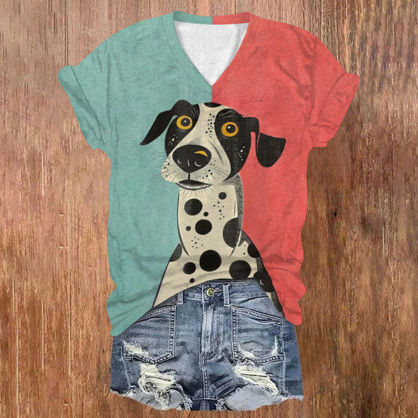 Retro Colorblock Dalmatian Print Casual V-neck T-shirt