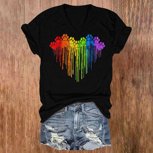 Rainbow Cat's Paw Watercolor Print V-neck T-shirt