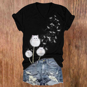 Dandelion Cat Print V-neck T-shirt