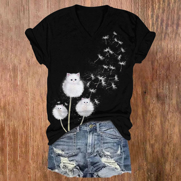 Dandelion Cat Print V-neck T-shirt