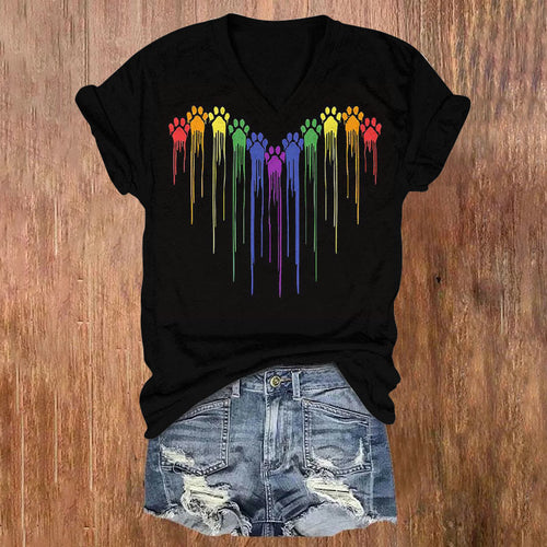 Rainbow Cat Paw Graffiti Print V-neck T-shirt