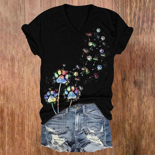 Rainbow Cat's Paw Dandelion Print V-neck T-shirt