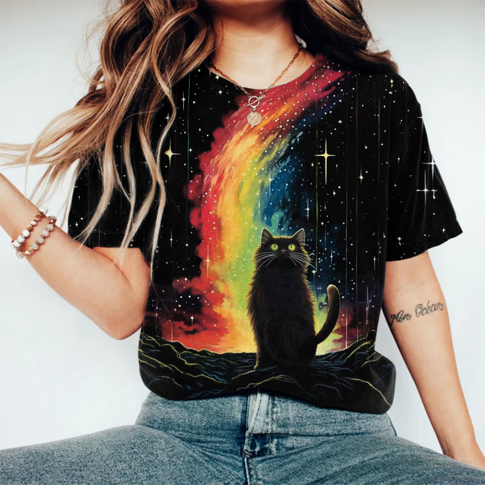 Black Cat Under Rainbow And Stars Print Crew Neck T-shirt