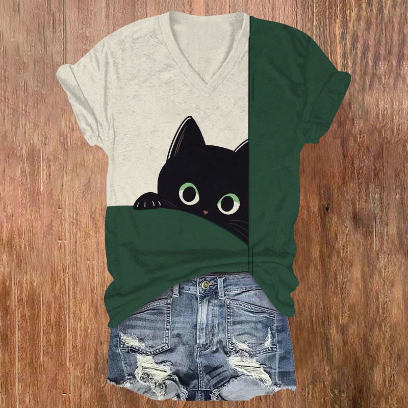 Cute Peeking Black Cat Color Block Design Printed Casual V-neck T-shirt