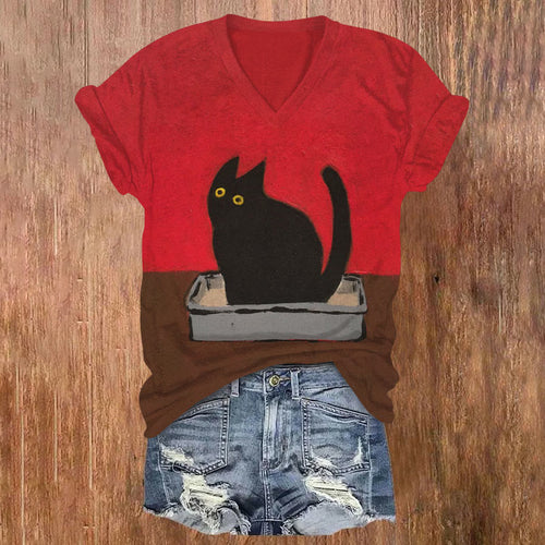 Cute Black Cat Color Block Design Printed Casual V-neck T-shirt