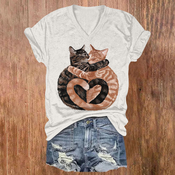 Cute Hug Love Cat Print Casual V-neck T-shirt