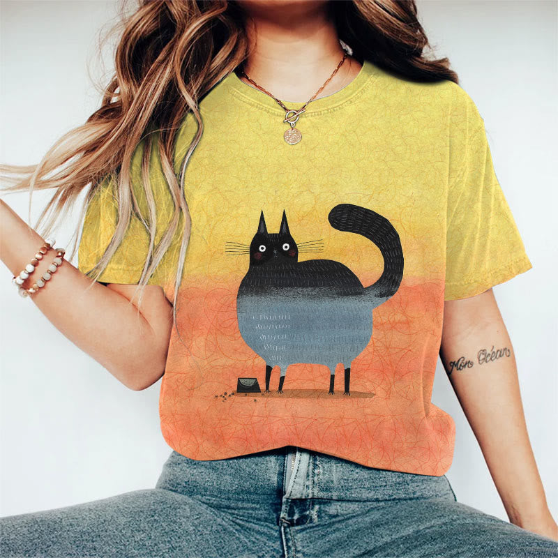 Creative Colorblock Cat Art Print Crew Neck T-shirt