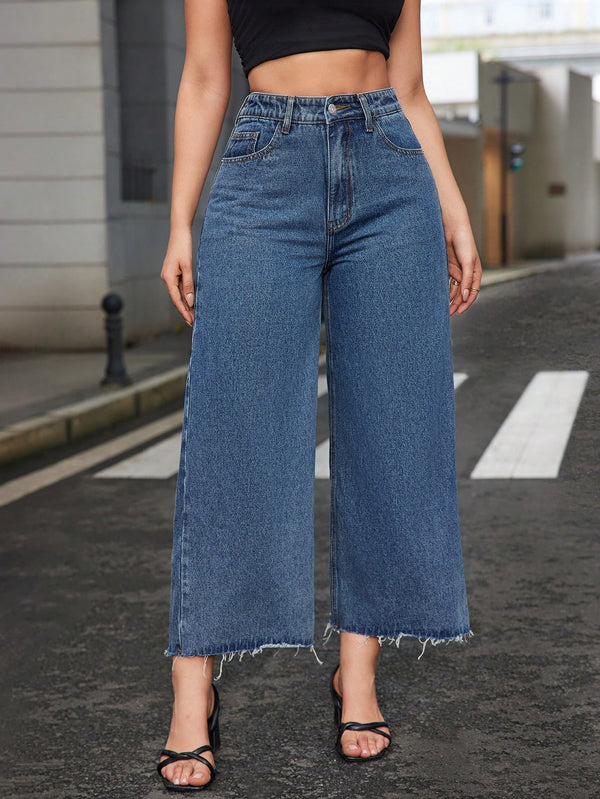 High Waist Raw Hem Wide Leg Jeans