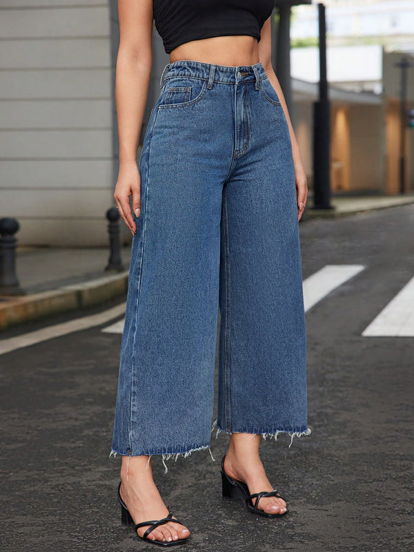 High Waist Raw Hem Wide Leg Jeans