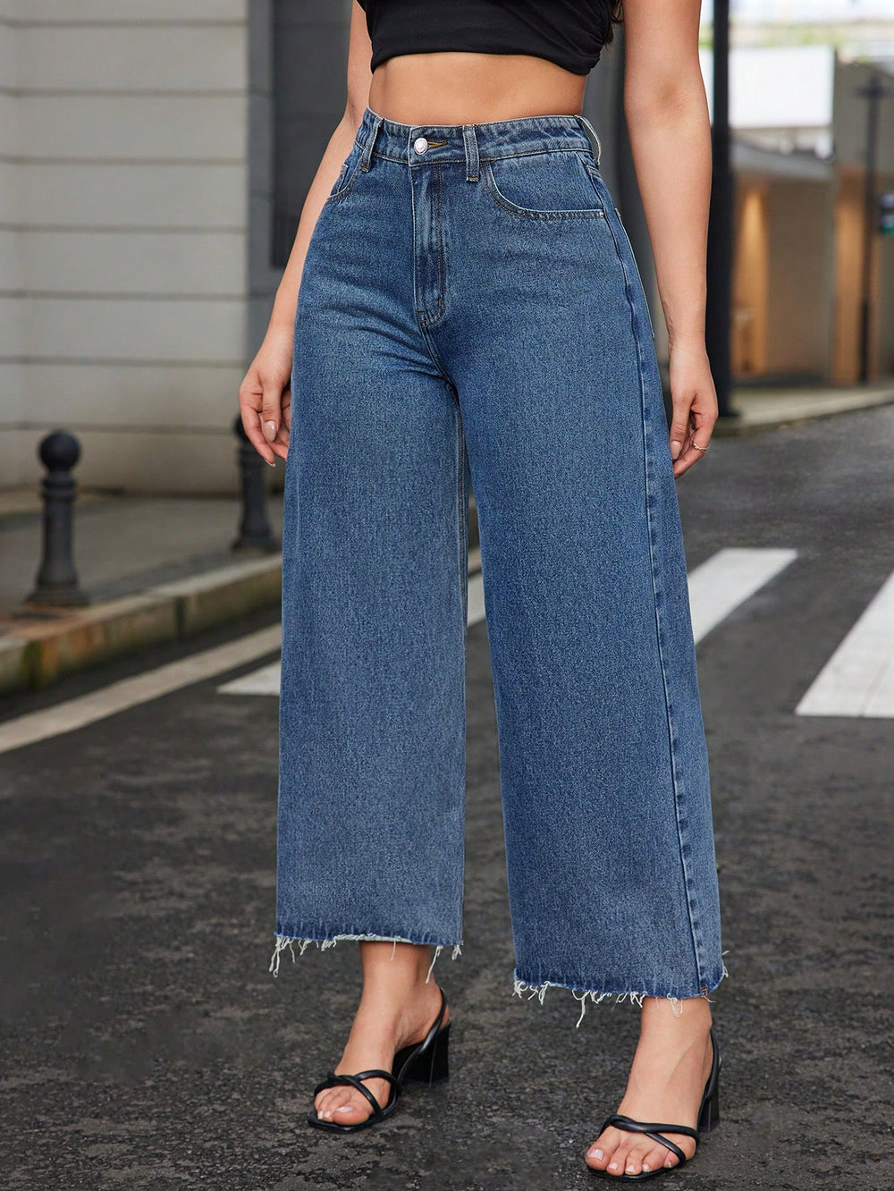 High Waist Raw Hem Wide Leg Jeans