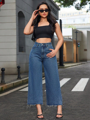 High Waist Raw Hem Wide Leg Jeans