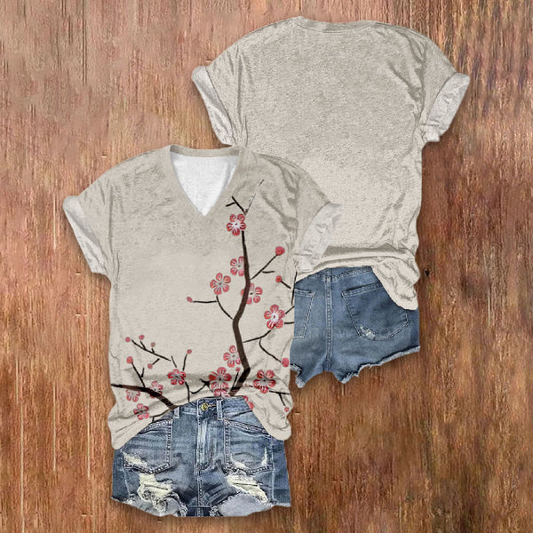 Casual Solid Color Japanese Art Floral Printed V-neck T-shirt