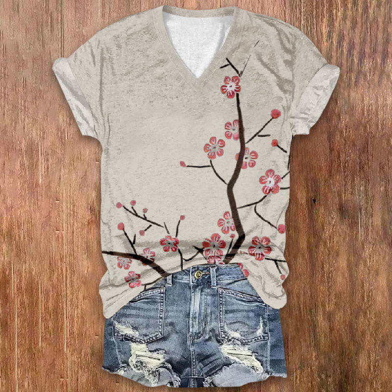 Casual Solid Color Japanese Art Floral Printed V-neck T-shirt