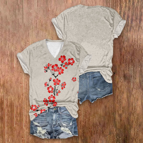 Casual Japanese Style Art Red Floral Printed V-neck T-shirt