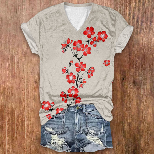 Casual Japanese Style Art Red Floral Printed V-neck T-shirt