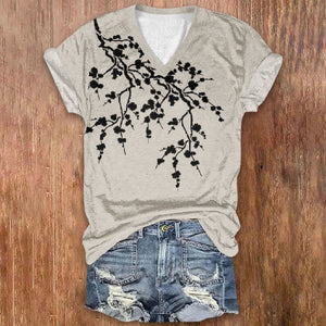 Casual Japanese Art Floral Elegant Printed V-neck T-shirt